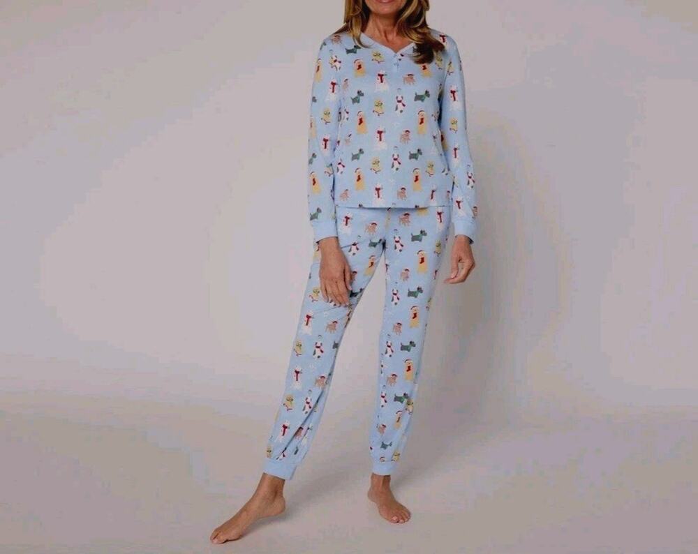Muk Luks Size Petite S Snow Dog Cloud Knit Henley Printed Pajama Set A710578 NWT